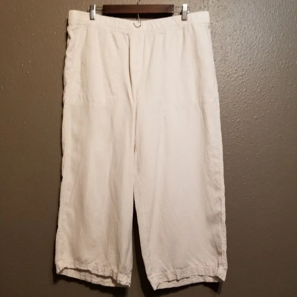 Pure J Jill LP Petite Pants 100% Linen Cream Wide Leg Crop Coastal Lagenlook